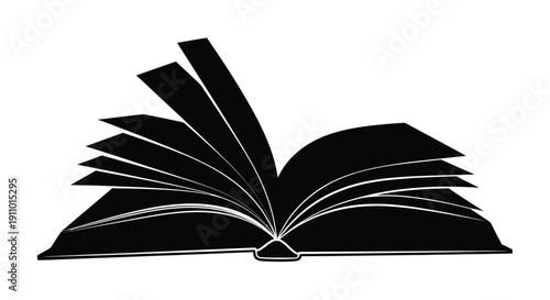 An open book silhouette with fanned pages depicted in black and white