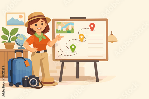 Young caucasian female traveler planning trip with map and camera