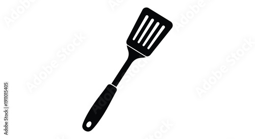 A simple black and white illustration depicts a kitchen spatula lying diagonally on a white background high quality