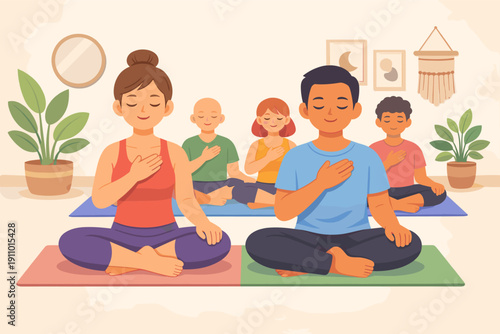 Diverse group practicing meditation, including male and female adults, focused and calm