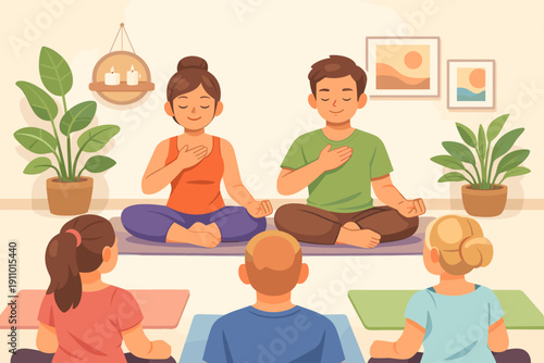 Yoga class with diverse adults practicing meditation in peaceful setting