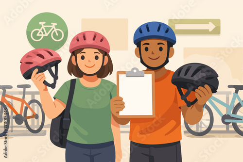 Diverse young adults promoting bicycle safety with helmets and clipboard in urban setting