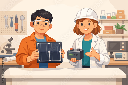 Young caucasian scientists demonstrating solar panel and battery in laboratory setting