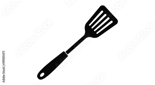 A minimalist black and white illustration depicts a kitchen spatula angled diagonally against a plain white background