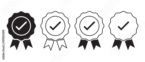 Set of Four Quality Guarantee Badges with Check Mark and Ribbons