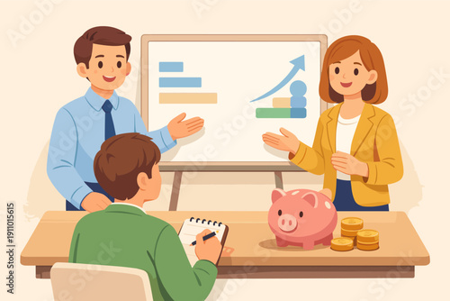 Business meeting with young caucasian professionals discussing financial growth