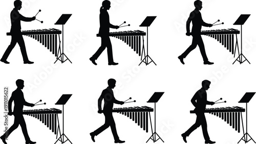 Musician silhouettes illustration with xylophone players, marimba performers, music stands, concert practice, black and white musical artwork concept
