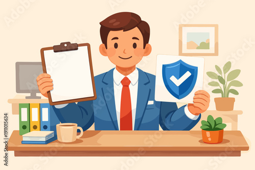 Young caucasian male office worker with clipboard and shield icon
