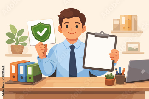 Male adult caucasian office worker holding checklist and checkmark sign at desk
