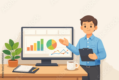 Young asian male presenting data in office desk setting with graphs on monitor