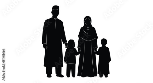 Silhouetted muslim family of four standing closely together outdoors