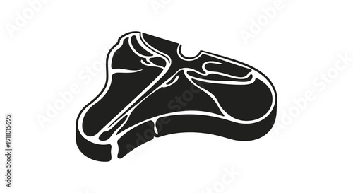 A minimalist black and white illustration depicts a t bone steak with a prominent bone and marbled fat details high quality