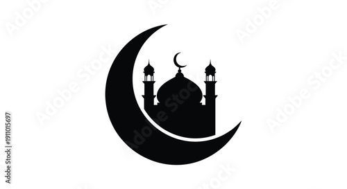 Islamic crescent moon and mosque silhouette in a simple design