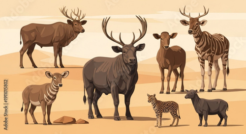 Wild animals gathered in a savannah landscape with desert background