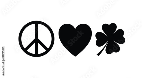 Simple icons depicting peace love and luck in black silhouettes
