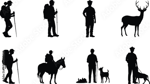 Outdoor silhouettes illustration with hikers, horse rider, dog walkers, deer, ranger figure, camping scene, black and white artwork concept