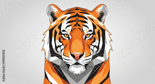 Vibrant orange tiger head with black stripes on gray background
