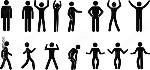 Stick figure man silhouette set featuring various body poses, standing, walking, jumping, celebration, and expressive human action icons for vector design