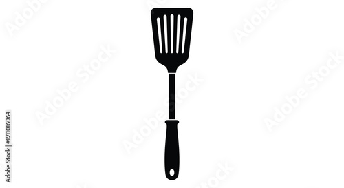 A simple black silhouette of a kitchen spatula is displayed against a clean white background high quality professional