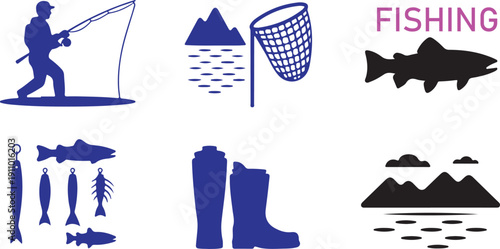 Comprehensive collection of silhouette icons representing essential fishing activities and necessary outdoor equipment