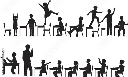 classroom, student, teacher, school, education, silhouette, vector, behavior, discipline, learning, children, lesson, desk, black, isolated, naughty 