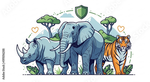Endangered species protection concept with rhino elephant and tiger