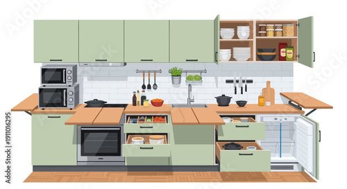 Illustration of a modern kitchen with green cabinets and wooden countertops, featuring various appliances and utensils on a white background.