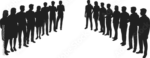 Vector, black, silhouette, set, of, a, large, group, of, people, standing, in, rows, for, community, crowd, social, gathering, teamwork, and, audience, design, elements, isolated