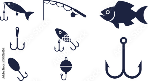 Dark blue silhouettes of various fishing hooks, bobbers, and fish shaped lures are presented