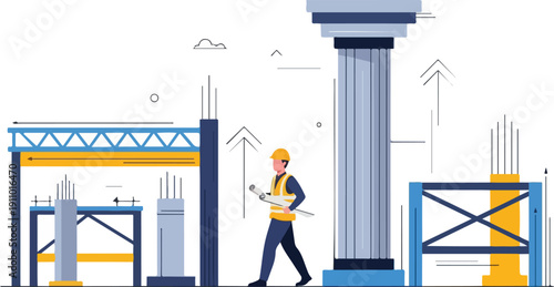 An architect wearing a yellow hard hat and vest walks through a construction site with various building materials and structures around him.