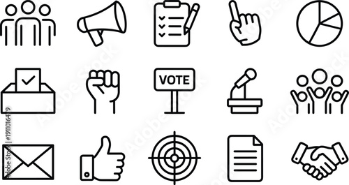Public voting and social movement icon set including crowd megaphone bullhorn ballot box and hand gestures outline