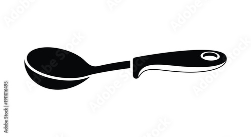 A minimalist black and white illustration depicts a single serving spoon with a rounded bowl and sleek handle high quality