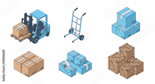 Logistics and delivery icons including boxes, forklift, trolley and tape dispenser