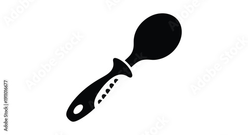 A simple black silhouette depicts a kitchen utensil specifically a slotted spoon isolated on white high quality professional