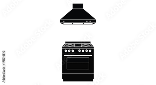 A minimalist illustration depicts a black range hood positioned above a matching gas stove and oven combination