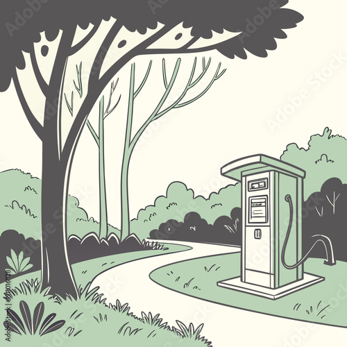 Futuristic Electric Vehicle Charging Station in a Lush Green Park, Promoting Sustainable Transportation