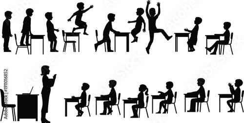 Vector, black, silhouette, set, of, a, teacher, and, students, in, a, classroom, sitting, jumping, and, learning, for, school, education, and, teaching, design, elements