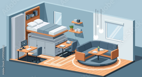 Isometric illustration of a compact studio apartment interior with a bed, desk, and seating area in a modern, minimalist style with cool tones.