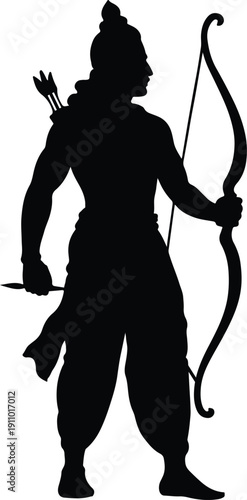 Hindu God Rama Holding Bow and Arrow Silhouette white background