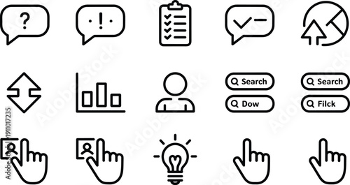 Assortment of business and web icons with search options and user interface elements for digital platforms