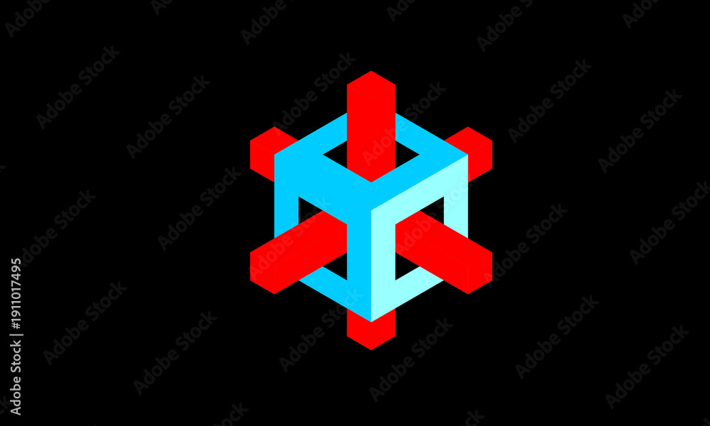 Obraz premium Abstract 3D Cyan Cube Frame with Intersecting Red Bars on Black Background