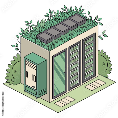 Isometric Green Tech Server Farm Integrated with Plants Showcasing Sustainable Data Centers and Eco-friendly IT Infrastructure