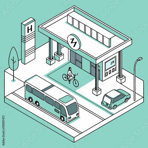 Isometric Hydrogen Powered Eco Transport Hub Vector Illustration for Sustainable Urban Mobility and Clean Energy Future
