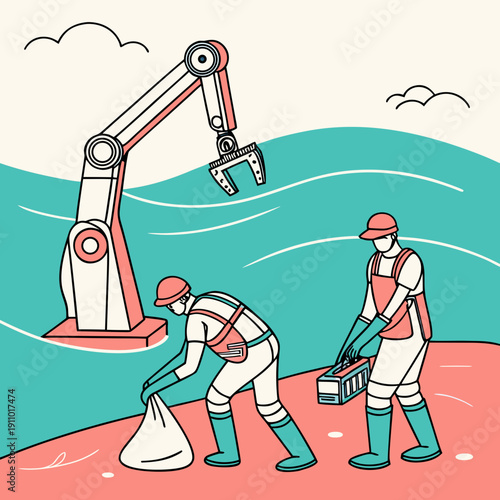 Modern Ocean Cleanup Robots Collecting Plastic Waste for Marine Conservation and Environmental Protection