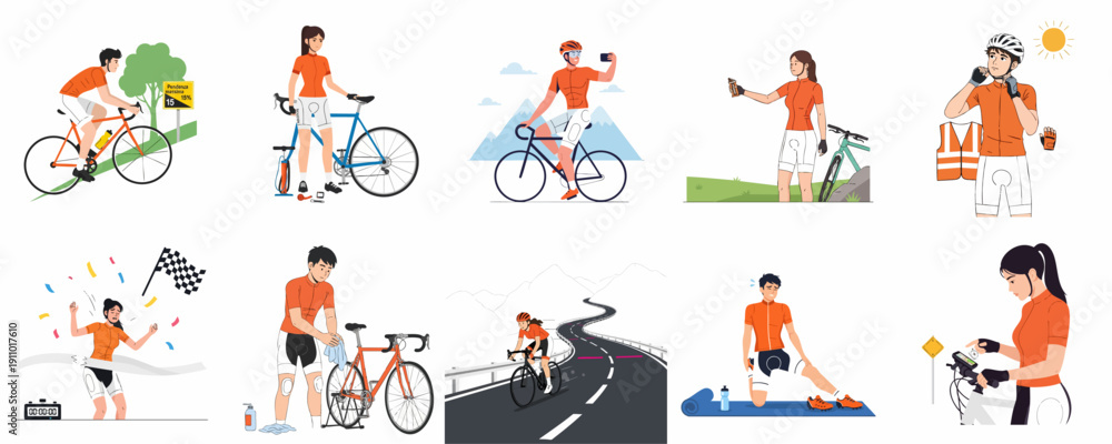 Fototapeta premium Road Cycling Activities Set: From Preparation and Training to Race Finish and Bike Maintenance, Illustrated Steps of Bicycle Sport Life.