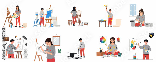 Diverse scenes of young artists engaging in the creative process, including painting, sketching, mixing colors, and handling art supplies and inevitable mess.
