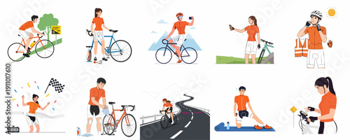 Road Cycling Activities Set: From Preparation and Training to Race Finish and Bike Maintenance, Illustrated Steps of Bicycle Sport Life.