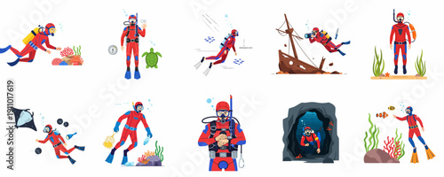 Comprehensive Scuba Diving Activities Set: Underwater Exploration, Safety Signals, Marine Conservation, and Wreck Diving Illustration.