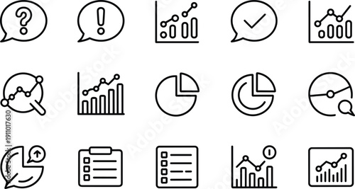 Financial analytics icons pack showing diverse chart types feedback bubbles and organizational checklist elements set