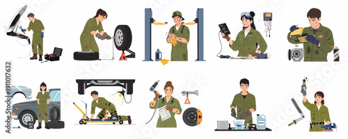 Automotive Service and Repair Illustration Set: Professional Mechanics Working on Car Maintenance Tasks in a Garage Environment.